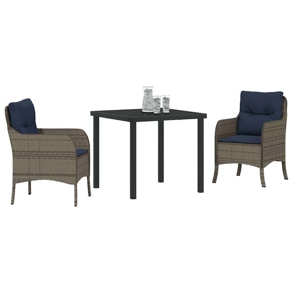 vidaXL Komplet za jedilnico v vrtu z blazino 3 pcs Siva poli ratan