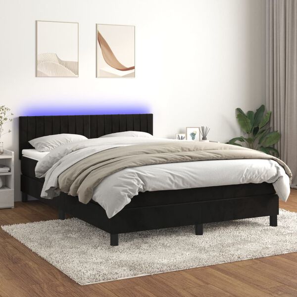 vidaXL Box spring postelja z vzmetnico LED črna 140x190 cm žamet