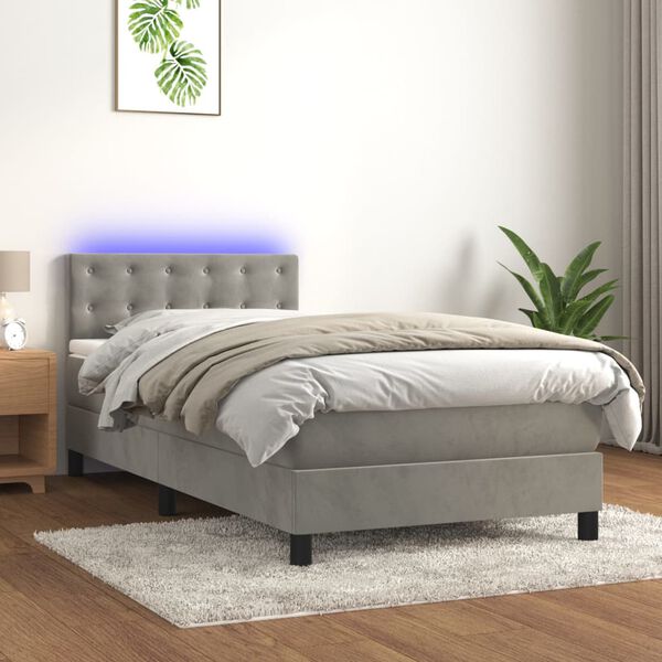 vidaXL Box spring postelja z vzmetnico LED svetlo siva 90x190cm žamet