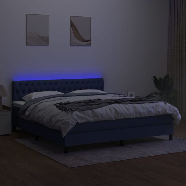 vidaXL Box spring postelja z vzmetnico LED modra 180x200 cm blago