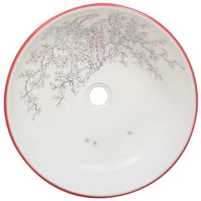 vidaXL Nadpultni umivalnik bel in rdeč okrogel Φ41x14 cm keramika