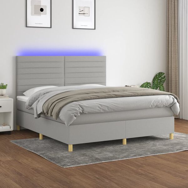 vidaXL Box spring postelja z vzmetnico LED sv. siva 180x200 cm blago