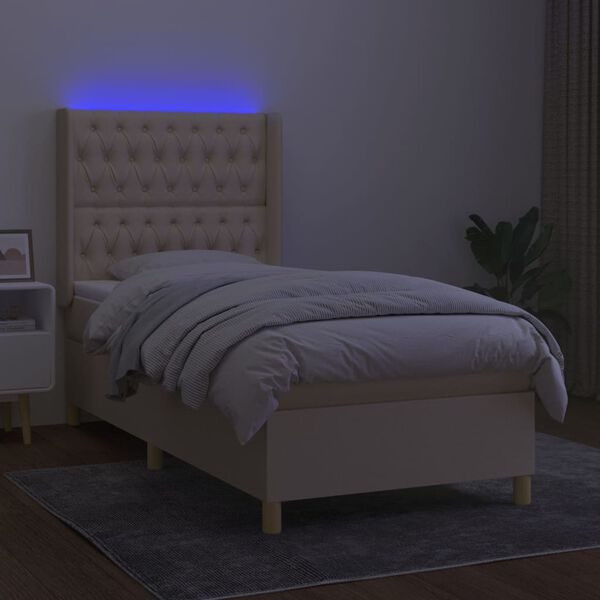 vidaXL Box spring postelja z vzmetnico LED krem 80x200 cm blago