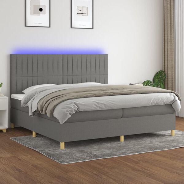 vidaXL Box spring postelja z vzmetnico LED temno siva 200x200 cm blago