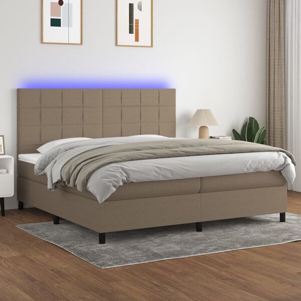 vidaXL Box spring postelja z vzmetnico LED taupe 200x200 cm blago