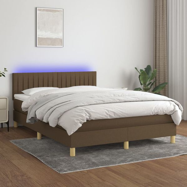 vidaXL Box spring postelja z vzmetnico LED temno rjava 140x190cm blago
