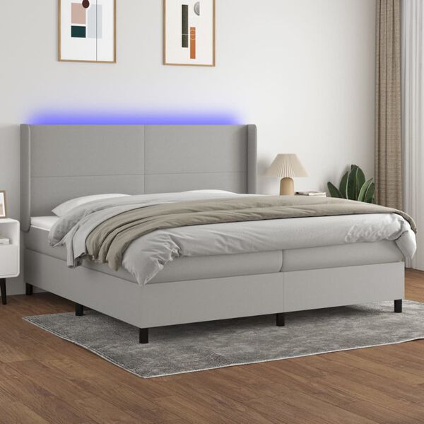 vidaXL Box spring postelja z vzmetnico LED sv. siva 200x200 cm blago