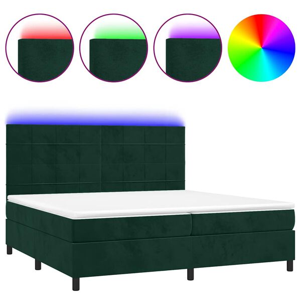 vidaXL Box spring postelja z vzmetnico LED tem. zelena 200x200cm žamet