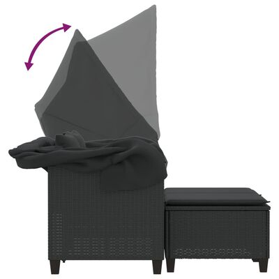 vidaXL Vrtni kavč dvosed s streho in stolčki črn poli ratan