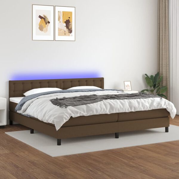 vidaXL Box spring postelja z vzmetnico LED temno rjava 200x200cm blago