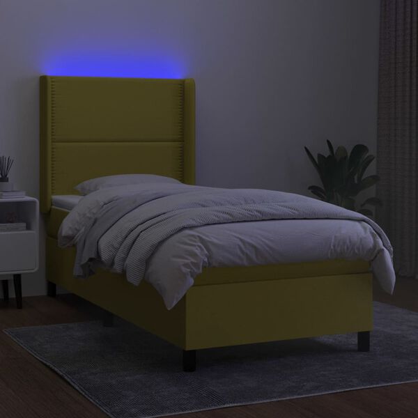 vidaXL Box spring postelja z vzmetnico LED zelena 90x200 cm blago