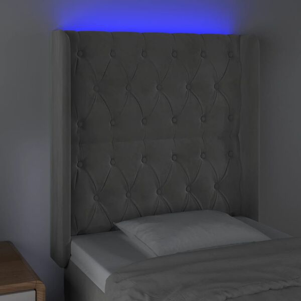 vidaXL LED posteljno vzglavje svetlo sivo 83x16x118/128 cm žamet