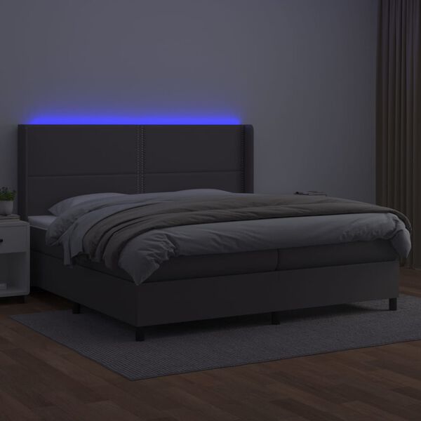 vidaXL Box spring postelja z vzmetnico LED siva 200x200cm umetno usnje
