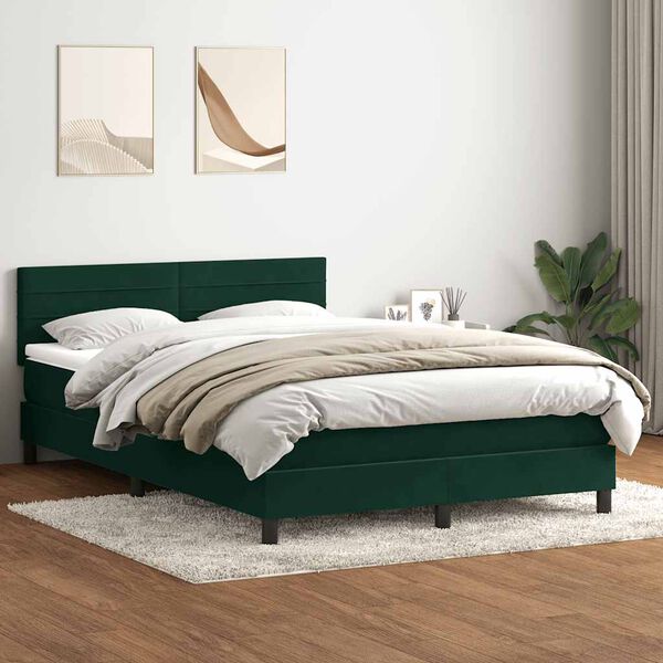 vidaXL Box spring postelja z vzmetnico temno zelena 140x210 cm žamet
