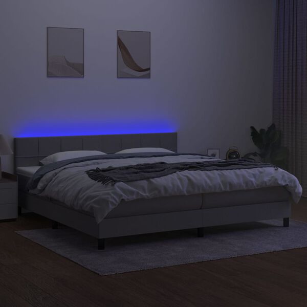 vidaXL Box spring postelja z vzmetnico LED sv. siva 200x200 cm blago