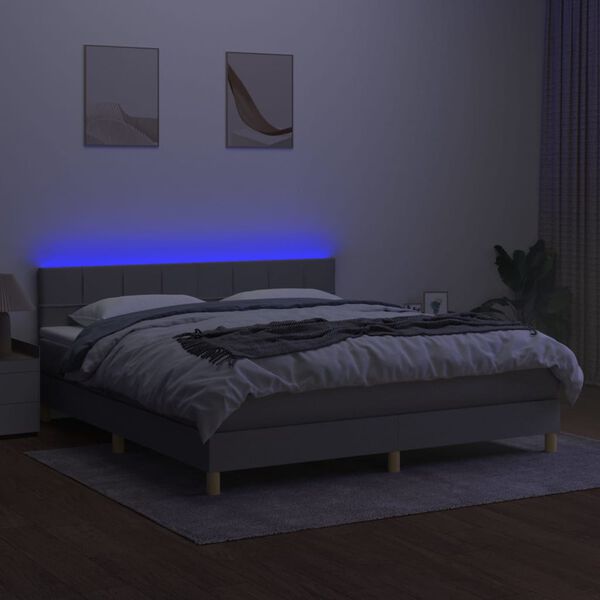 vidaXL Box spring postelja z vzmetnico LED sv. siva 180x200 cm blago
