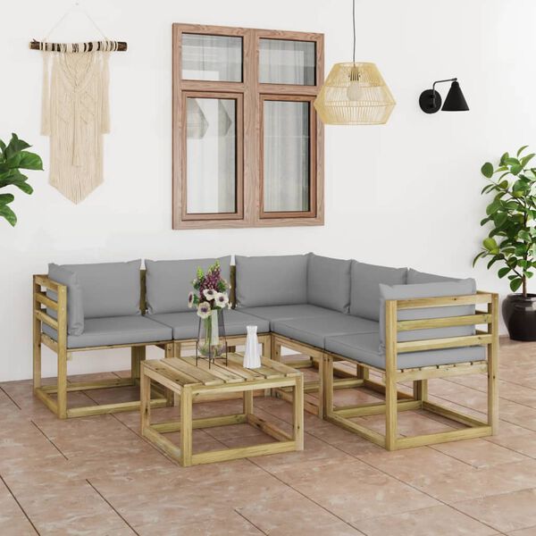 vidaXL Vrtna sedežna garnitura 6-delna s sivimi blazinami