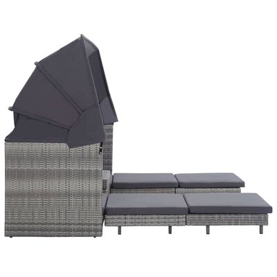 vidaXL Raztegljiv kavč trosed z ležiščem in streho poli ratan siv