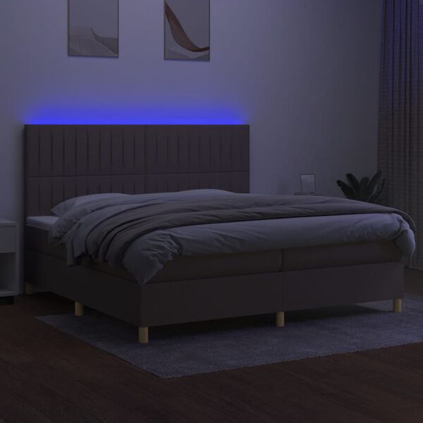 vidaXL Box spring postelja z vzmetnico LED taupe 200x200 cm blago