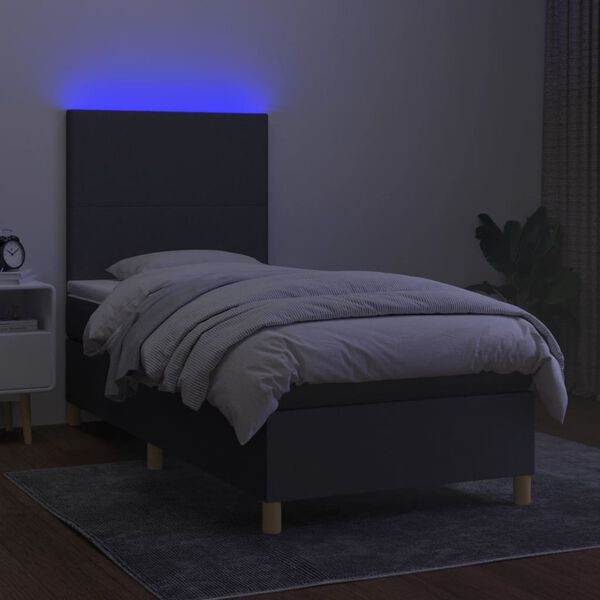 vidaXL Box spring postelja z vzmetnico LED temno siva 90x200 cm blago