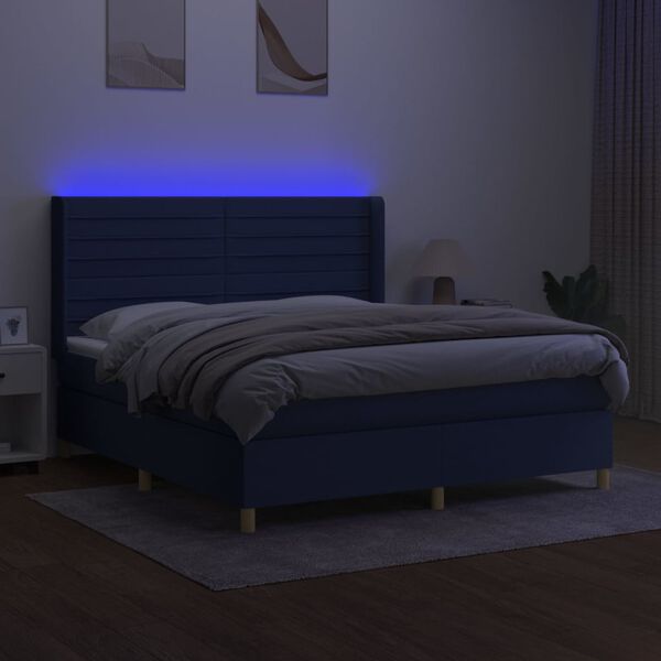 vidaXL Box spring postelja z vzmetnico LED modra 180x200 cm blago