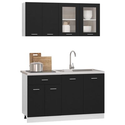 vidaXL Komplet kuhinjskih omaric 4-delni črn iverna plošča