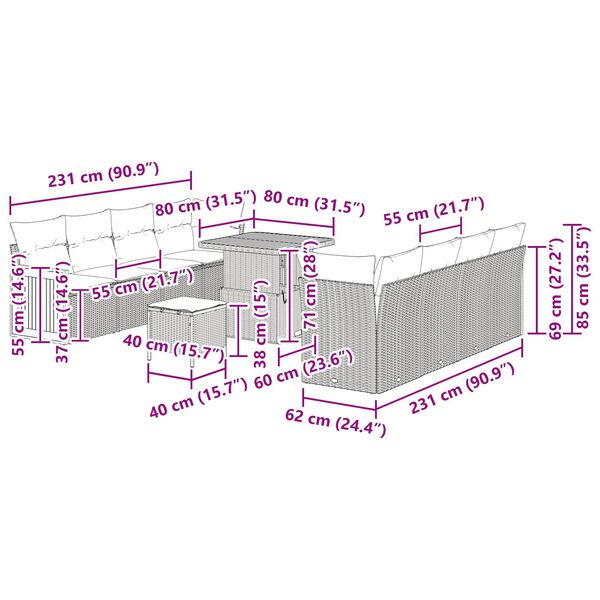 vidaXL Vrtna sedežna garnitura z blazino 12 pcs Črna poli ratan