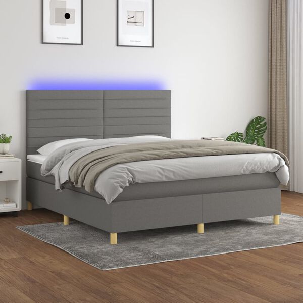 vidaXL Box spring postelja z vzmetnico LED temno siva 180x200 cm blago