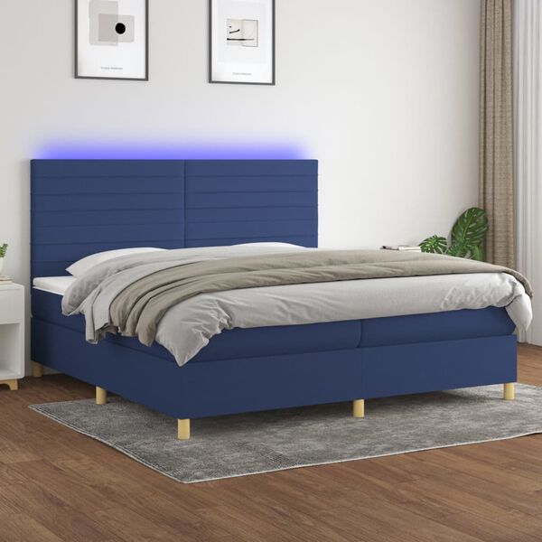 vidaXL Box spring postelja z vzmetnico LED modra 200x200 cm blago