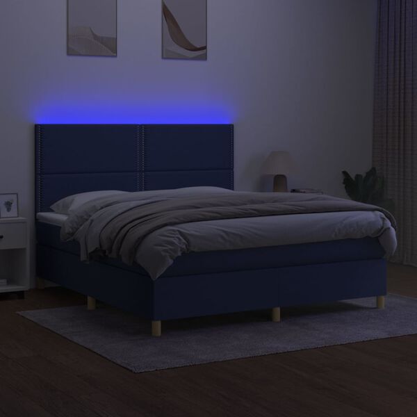 vidaXL Box spring postelja z vzmetnico LED modra 180x200 cm blago