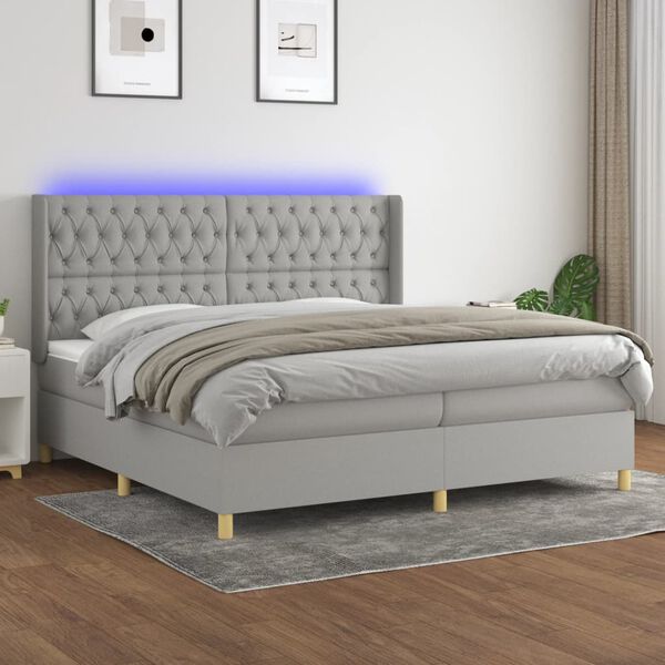 vidaXL Box spring postelja z vzmetnico LED sv. siva 200x200 cm blago