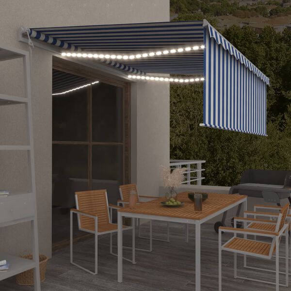 vidaXL Avtomatska tenda s senčilom LED + senzor 4,5x3 m modra in bela