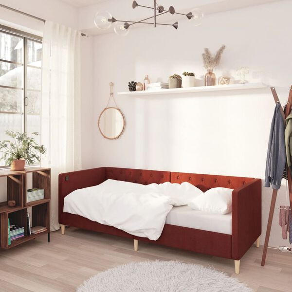 vidaXL Dnevna postelja z vzmetnico USB vinsko rdeče blago 90x200 cm