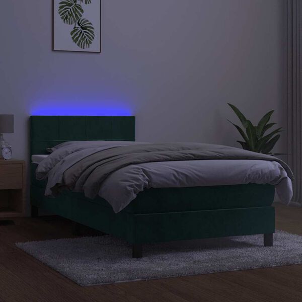 vidaXL Box spring postelja z vzmetnico LED tem. zelena 80x200 cm žamet