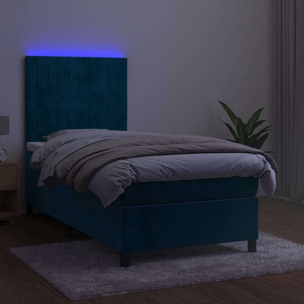 vidaXL Box spring postelja z vzmetnico LED temno modra 90x200 cm žamet