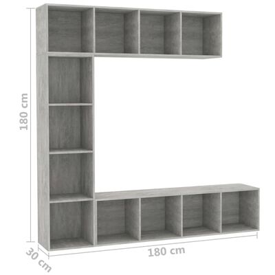 vidaXL Knjižna omara/TV omara 3-delna betonsko siva 180x30x180 cm