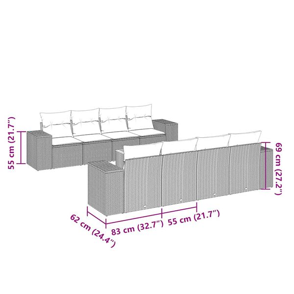 vidaXL Vrtna sedežna garnitura 9-delna z blazinami črn poli ratan