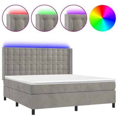 vidaXL Box spring postelja z vzmetnico LED svetlo siva 160x200cm žamet