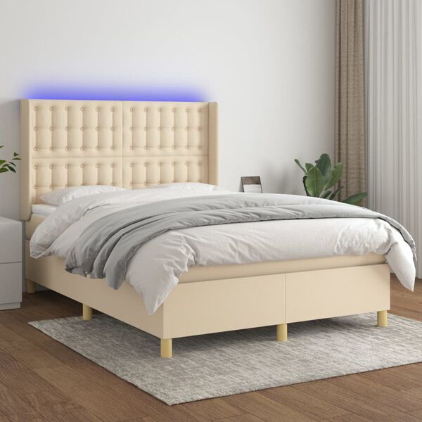 vidaXL Box spring postelja z vzmetnico LED krem 140x190 cm blago