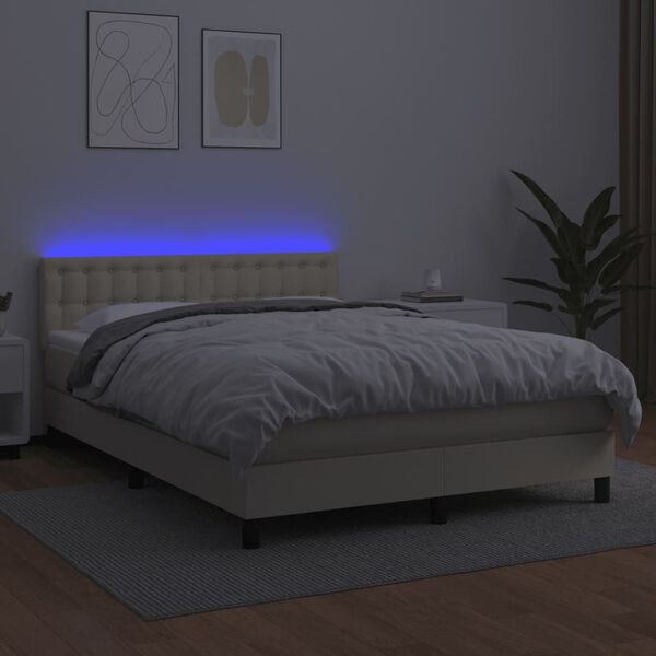 vidaXL Box spring postelja z vzmetnico LED krem 140x200cm umetno usnje