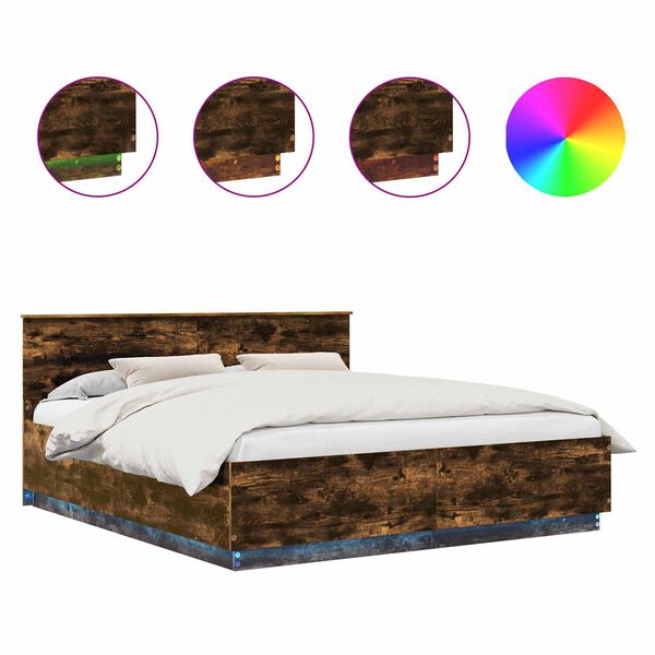 vidaXL Konstrukcija postelje z LED lučmi Dimljeni oreh 200 x 200 cm
