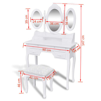 vidaXL Toaletna miza s stolčkom in 3 ogledali bele barve