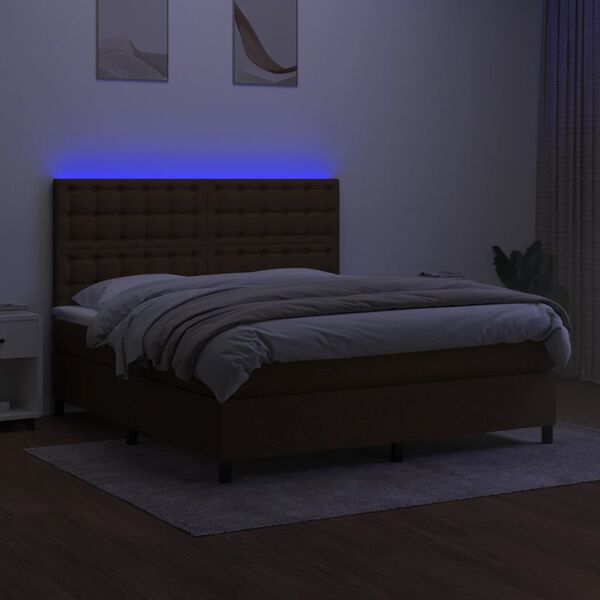 vidaXL Box spring postelja z vzmetnico LED temno rjava 180x200cm blago