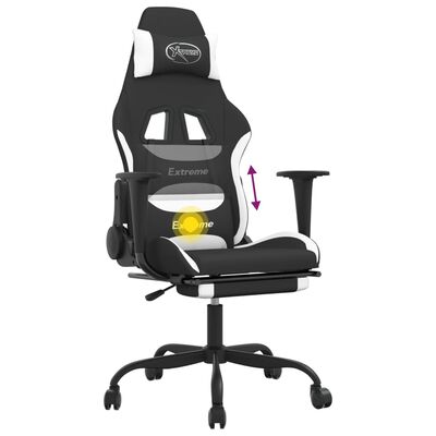 vidaXL Masažni gaming stol z oporo za noge črno in belo blago