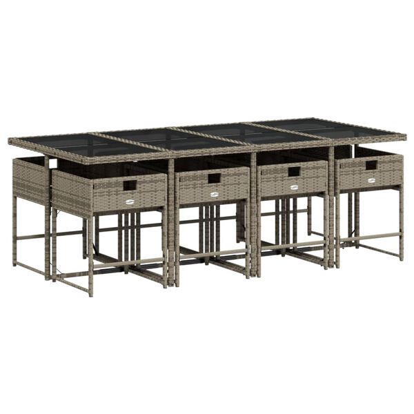 vidaXL Vrtna jedilna garnitura 9-delna z blazinami siv poli ratan