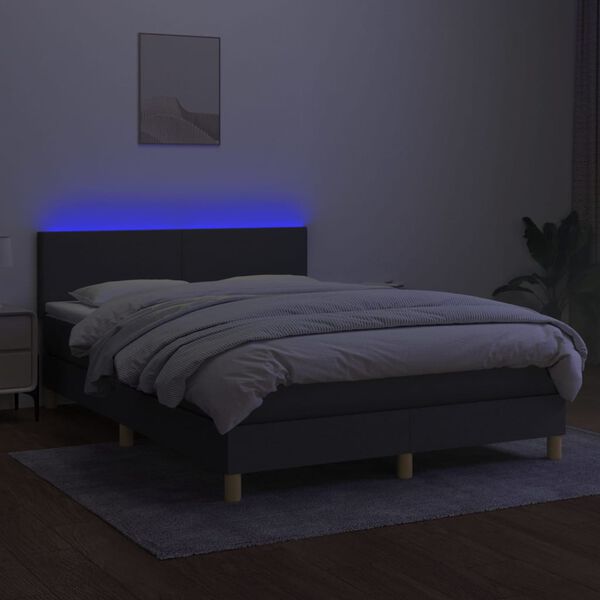 vidaXL Box spring postelja z vzmetnico LED temno siva 140x190 cm blago