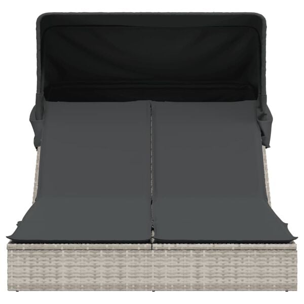 vidaXL Dvojni ležalnik s streho in blazinami svetlo siv poli ratan