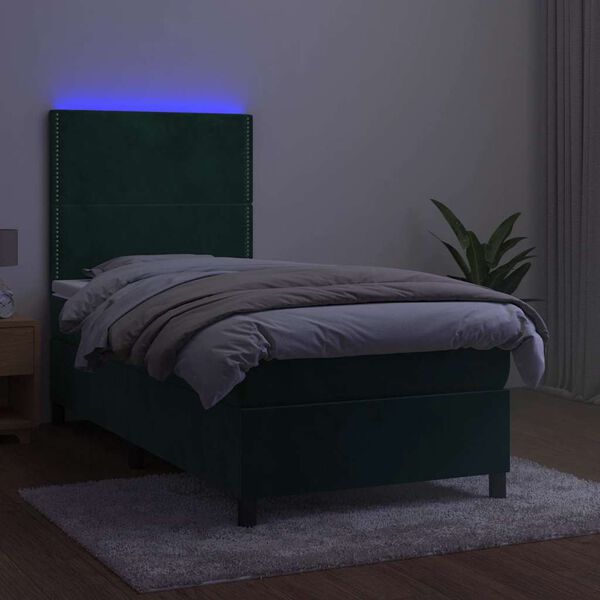 vidaXL Box spring postelja z vzmetnico LED tem. zelena 80x200 cm žamet