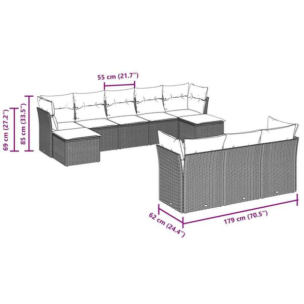 vidaXL Vrtna sedežna garnitura 10-delna z blazinami sv. siv poli ratan