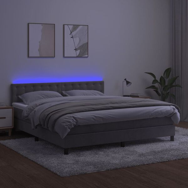 vidaXL Box spring postelja z vzmetnico LED svetlo siva 180x200cm žamet